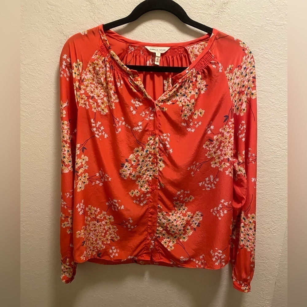 Rebecca Taylor Silk Pink Button Front Floral Blouse Size 0